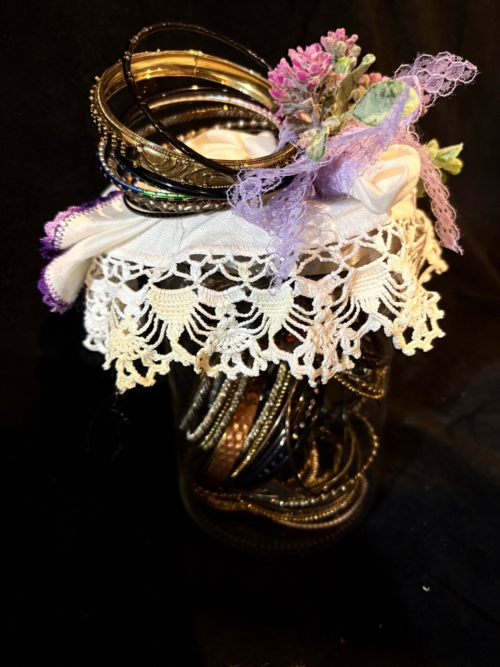 Decorative Lace Jar Top with Assorted Gold, Silver & Black Bangles
